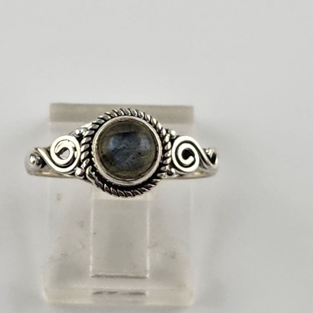 925 Sterling Silver Labradorite Ring Size 8.25 Round Gemstone Scrollwork Band